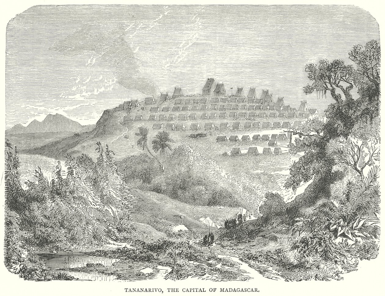 Tananarivo, hlavní město Madagaskaru (rytina) od English School