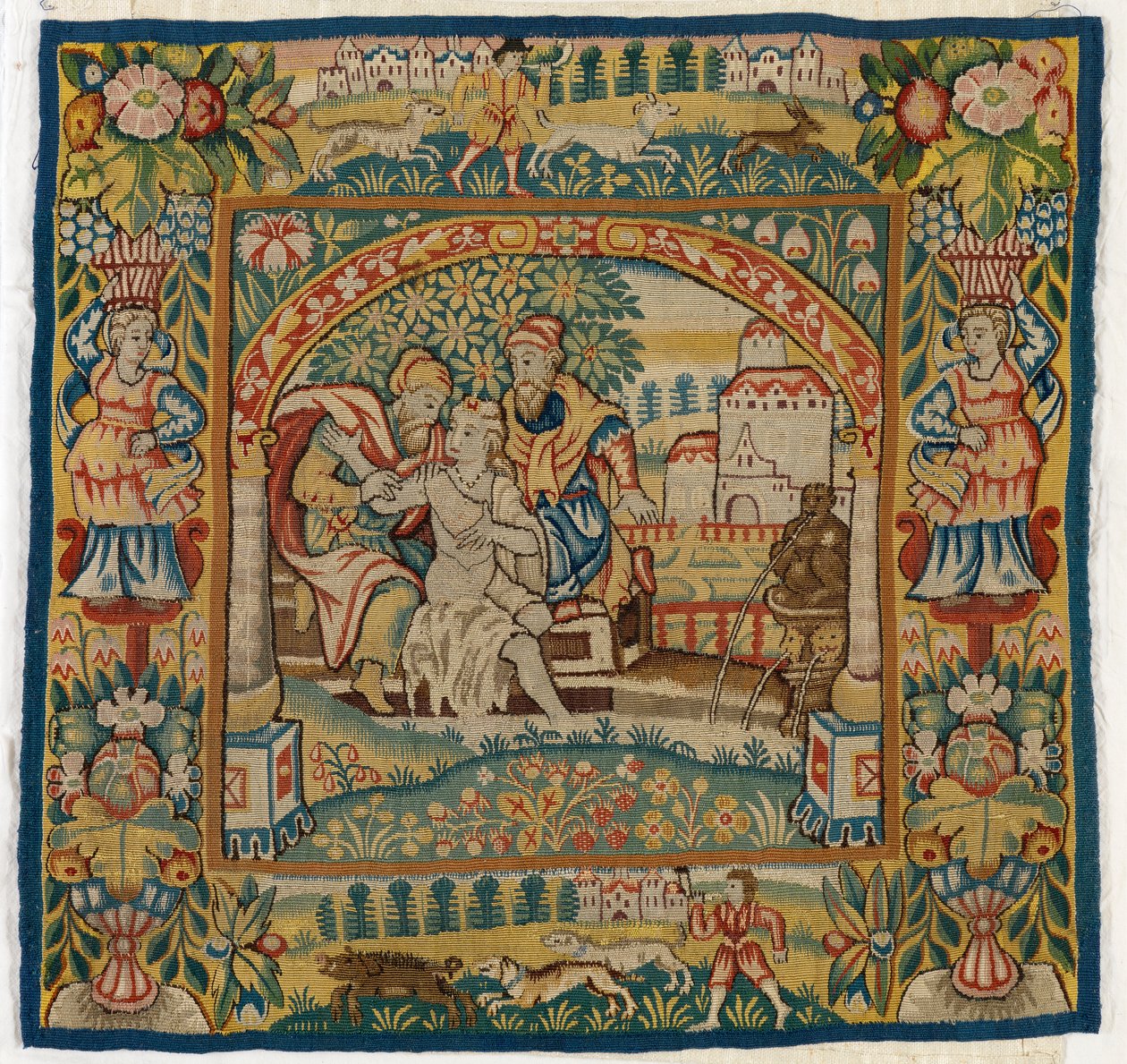 Gobelínový povlak na polštář zobrazující Susannah at the Bath (jeden ze sady šesti Sheldon Tapestries, 47,9 až 47,14), vyrobený v Sheldonu, Anglie, pokud je pravý od English School