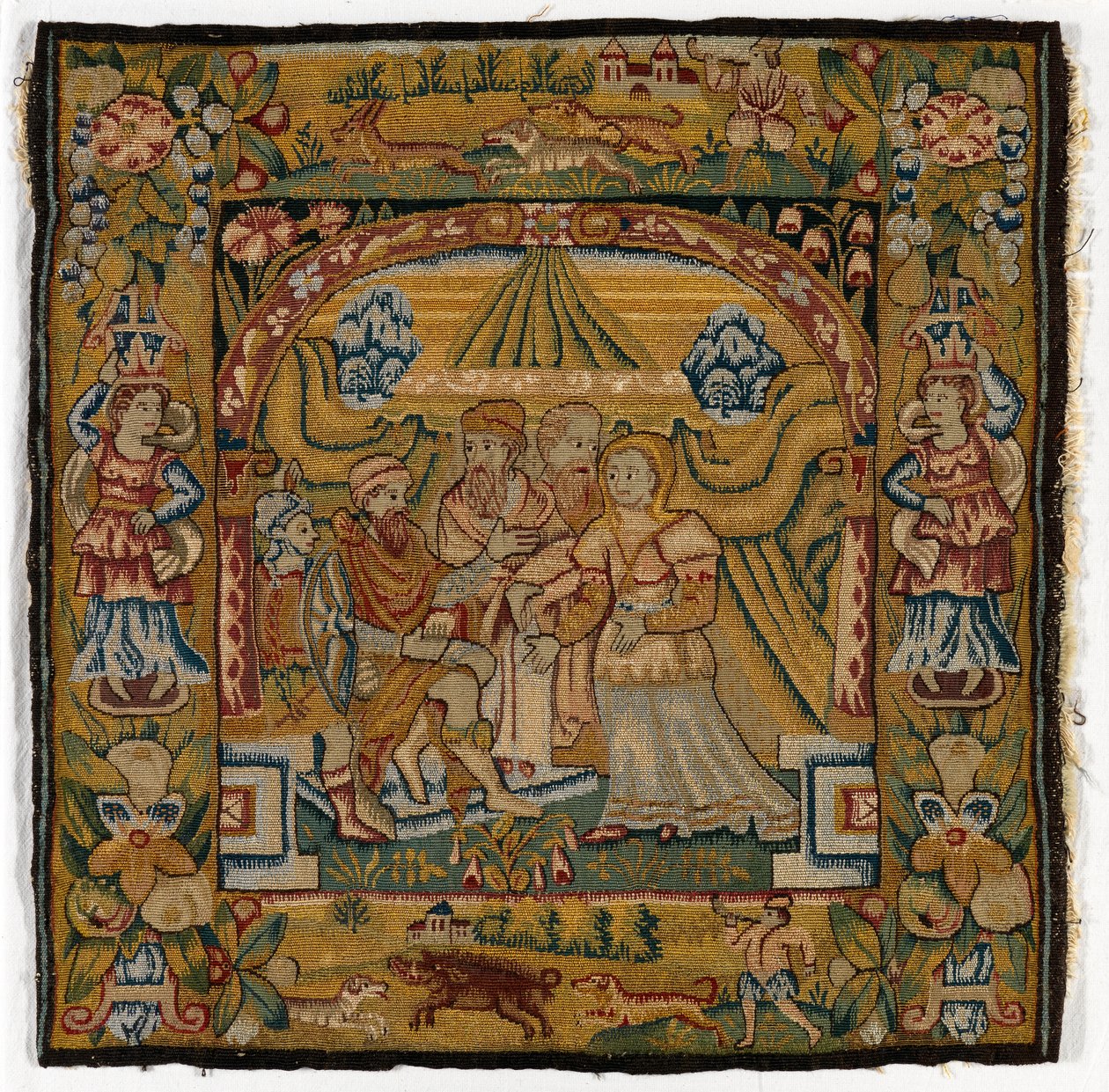 Gobelínový povlak na polštář zobrazující Susannah před soudcem, vyrobený v Sheldonu, Anglie, po roce 1600 (vlna) od English School