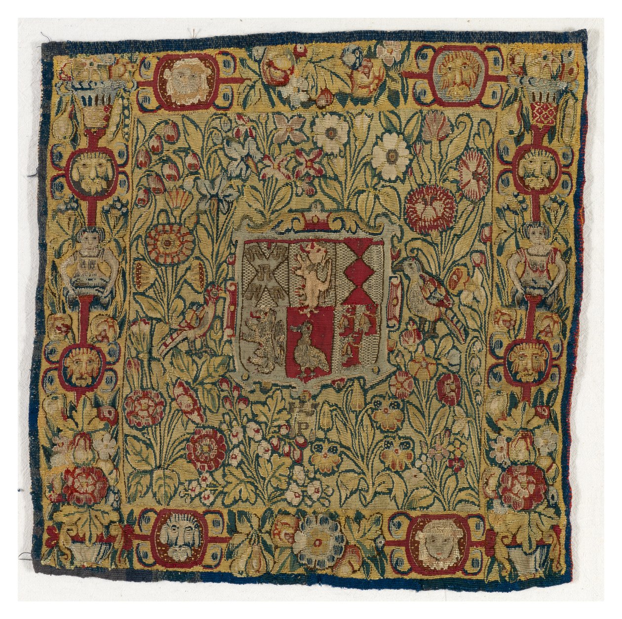 Gobelínový povlak na polštář zobrazující Arms of Sacheverell, vyrobený v Sheldonu, Anglie, po roce 1600 (vlna a hedvábí) od English School
