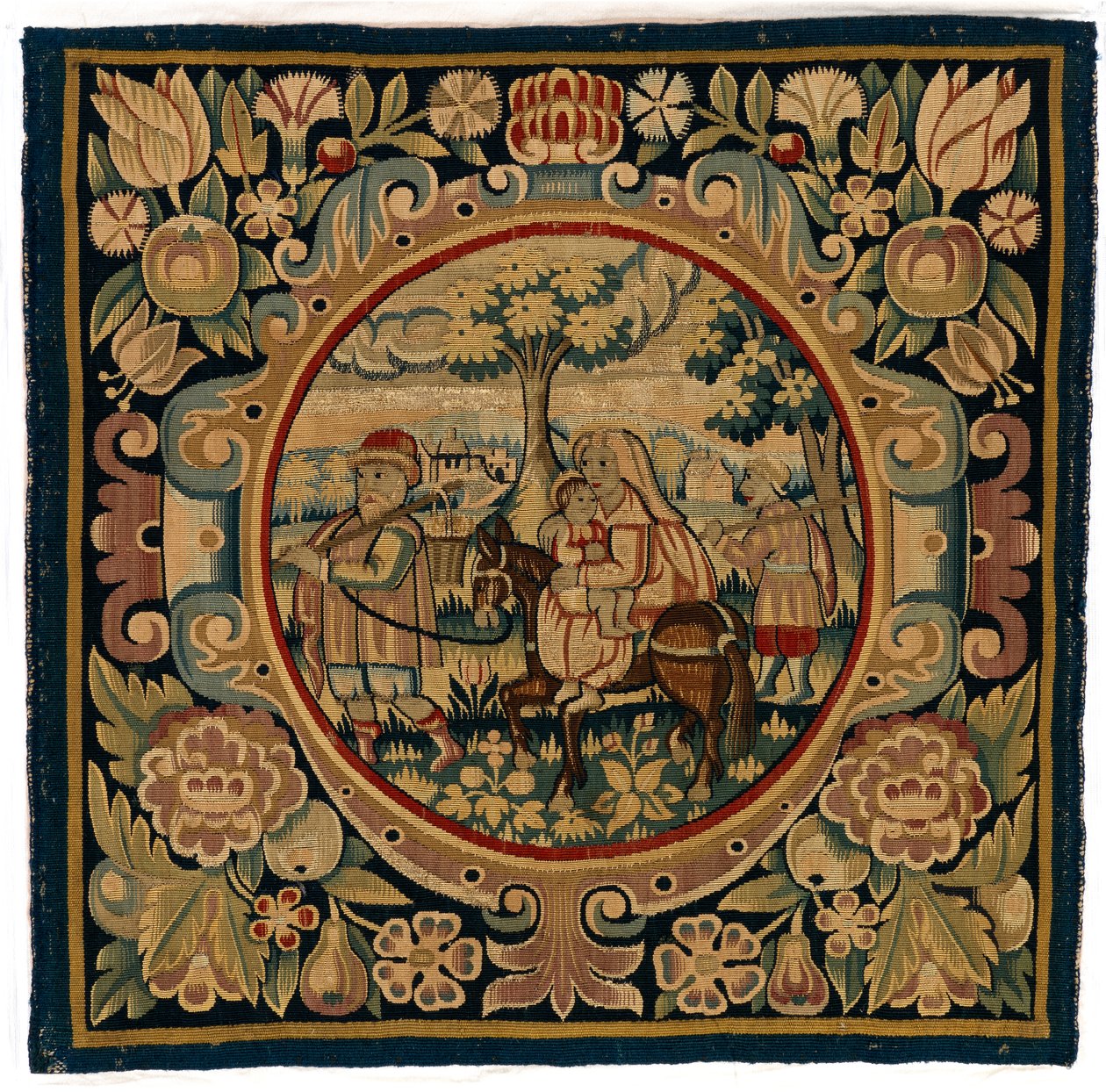 Tapahtunut tyynynpäällinen, joka kuvaa lentoa Egyptiin, valmistettu mahdollisesti Sheldonissa, Englannissa, 1600-luvun alussa (villa) od English School