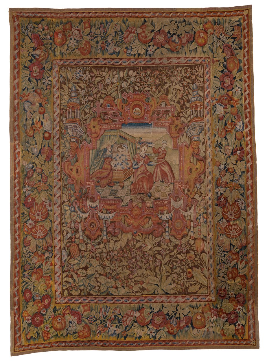 Tapiserie visící ze sady Chastleton House, narození Phareze a Zaraha, synů Judy a Tamase, z Genesis XXXVIII., vyrobeno v Sheldonu, Anglie, kolem roku 1595 (vlna) od English School