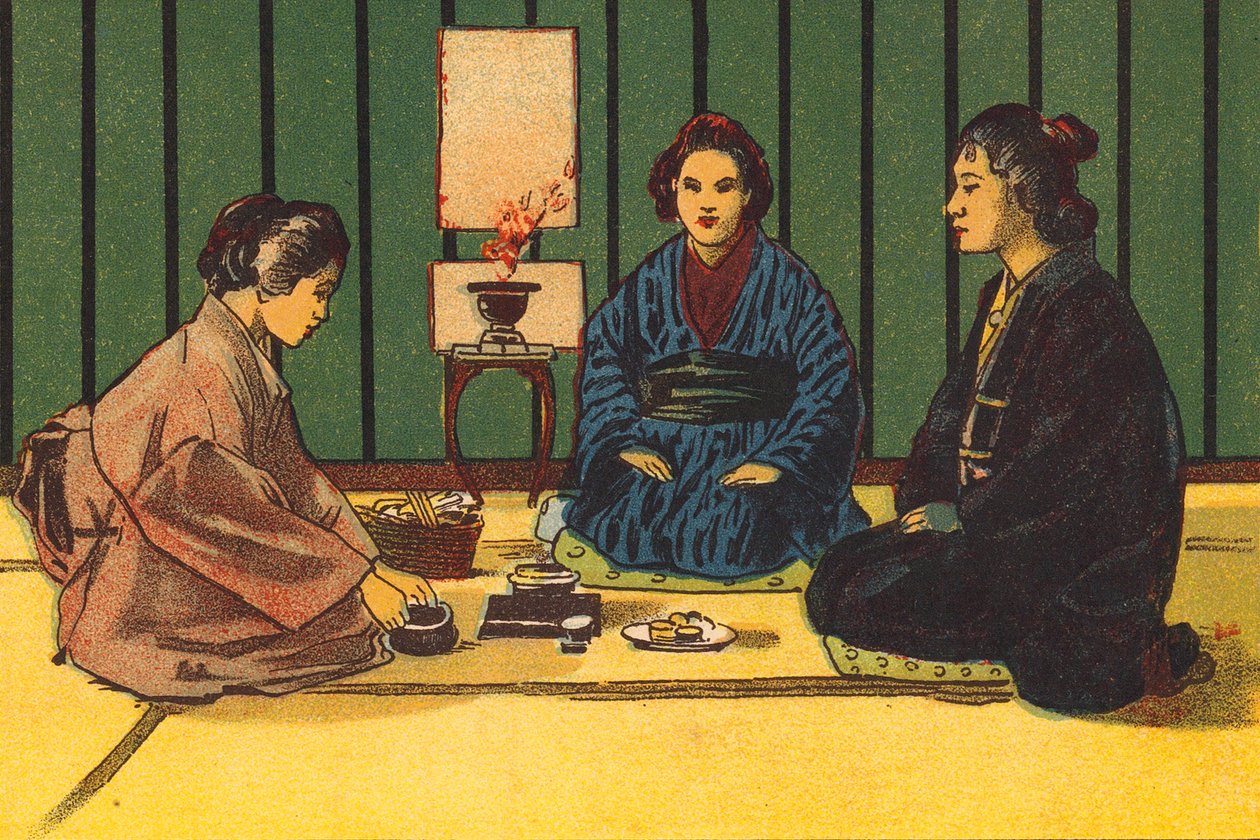 Obřad pití čaje, Japonsko (barevná litografie) od English School