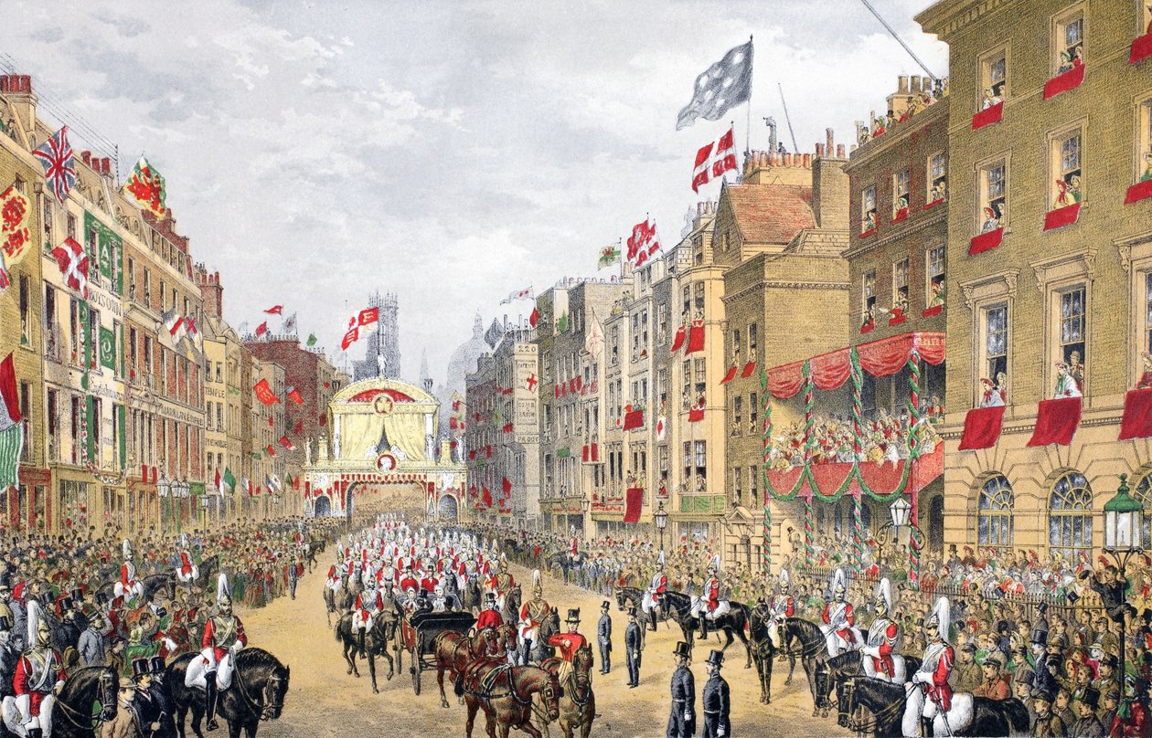 Temple Bar, 7. března 1863, z Památníku sňatku Edwarda VII. a Alexandry Dánské, hospoda. 1864 od English School