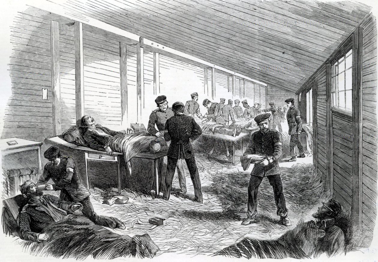 Dočasná polní nemocnice za druhou pruskou paralelou v Dueppel, 1864 od English School