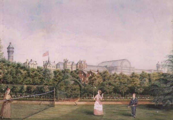 Tenis v Crystal Palace (akvarel zvýrazněný bílou) od English School