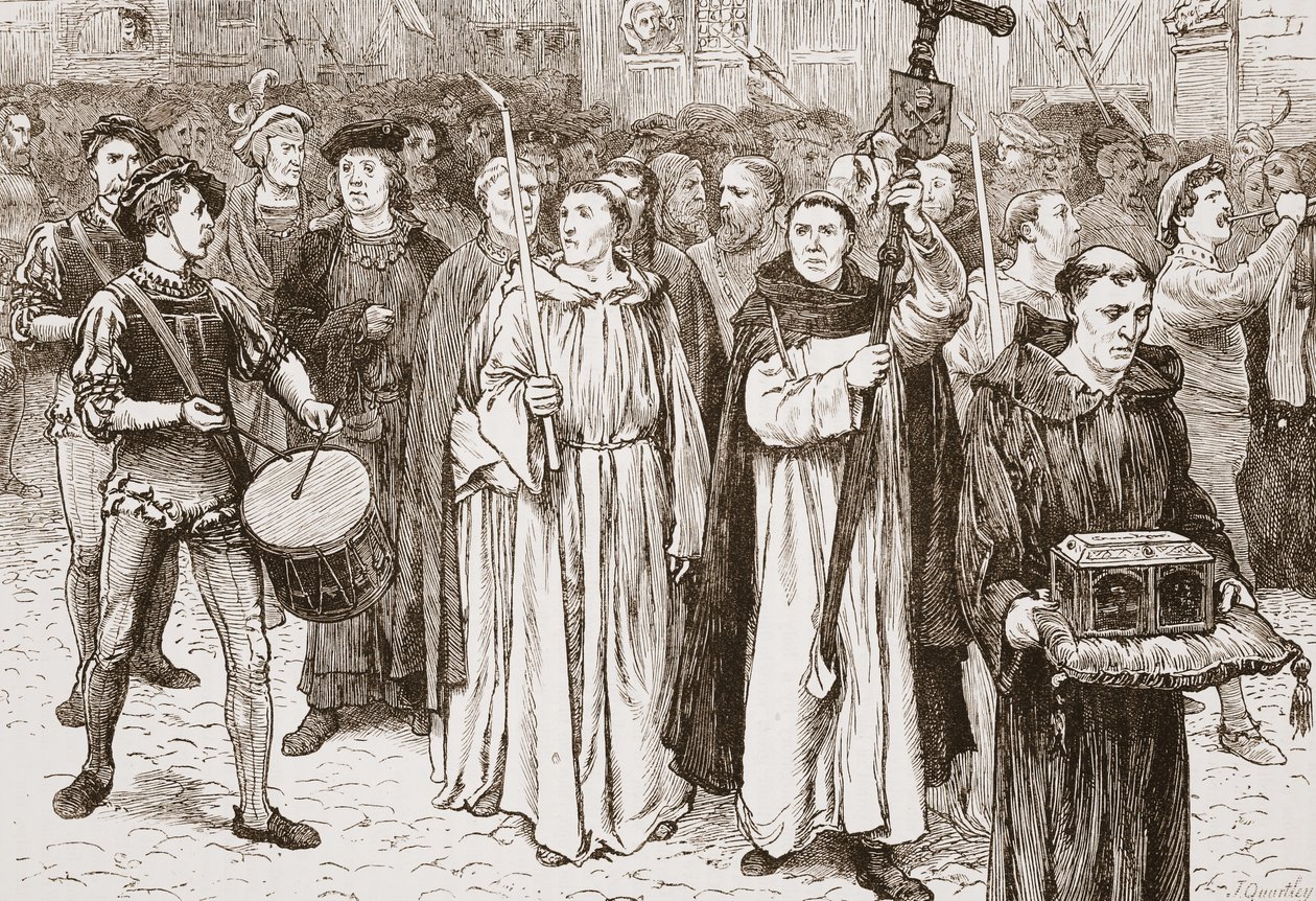 Tetzels Procession, ilustrace z Historie protestantismu od Jamese Aitkena Wylie (1808-1890), hospoda. 1878 od English School