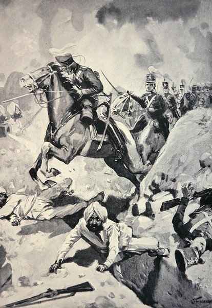 Thackwell vede 3. lehké dragouny přes Sikhské zemní práce, bitvu o Sobraon od English School