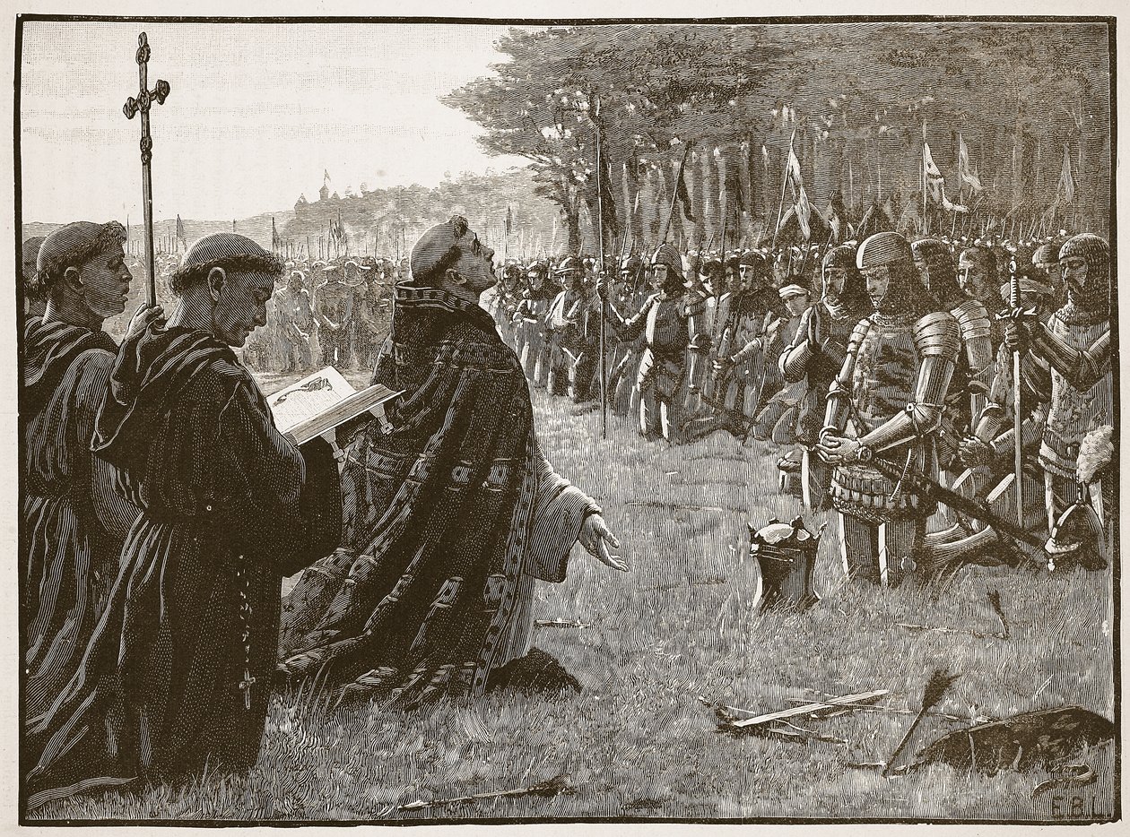 Díkůvzdání anglické armády po bitvě u Agincourtu, 25. října 1415, ilustrace z Cassells Illustrated History of England (sépiová fotografie) od English School