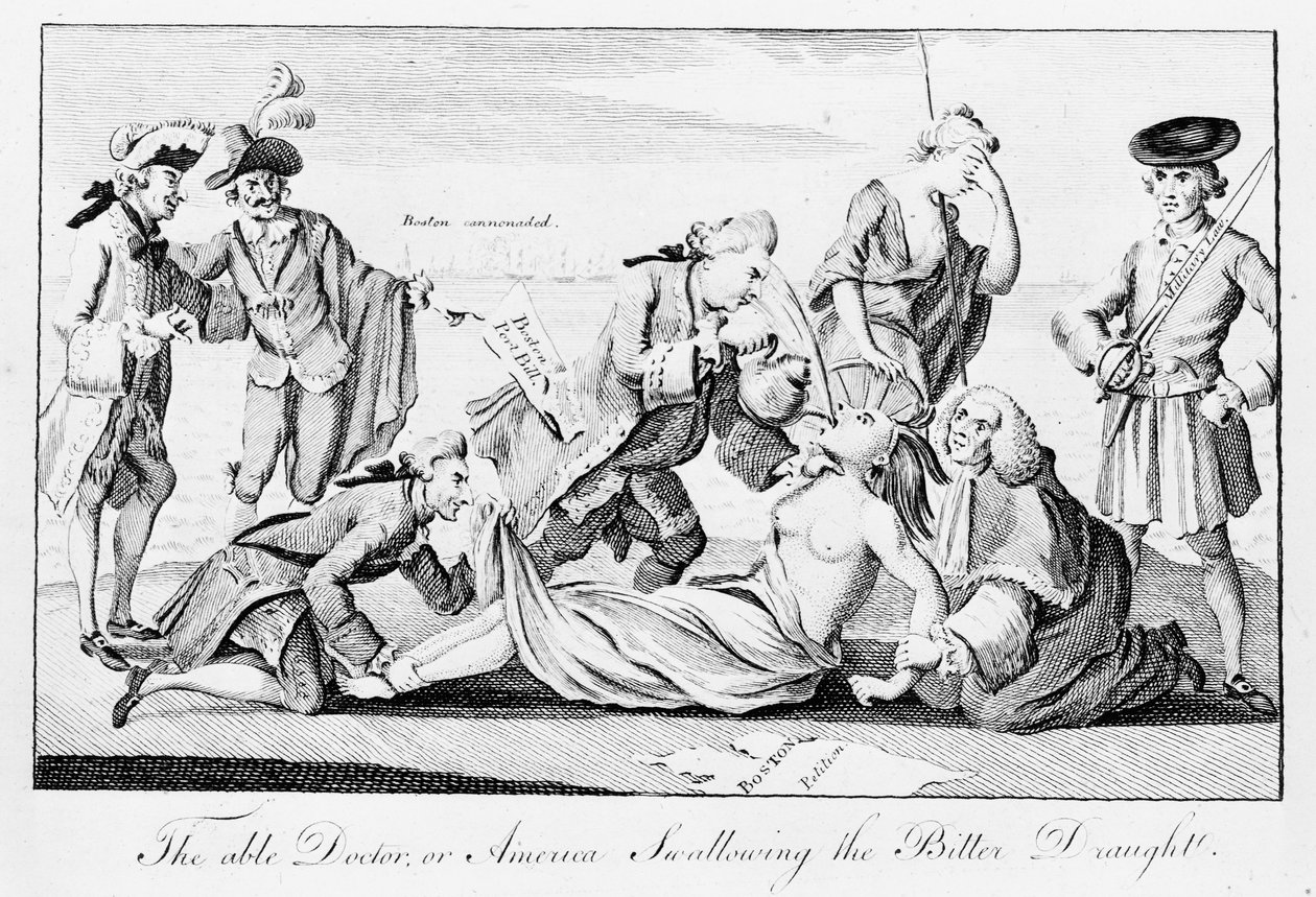The Able Doctor, or America Swallowing the Bitter Draught, publikované v London Magazine, 1. května 1774 (novinový tisk) od English School