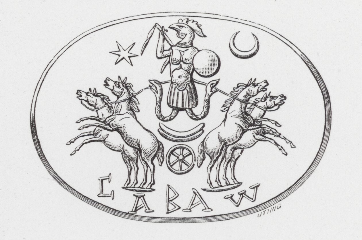 Abraxas-bůh v autě Phoebus (rytina) od English School