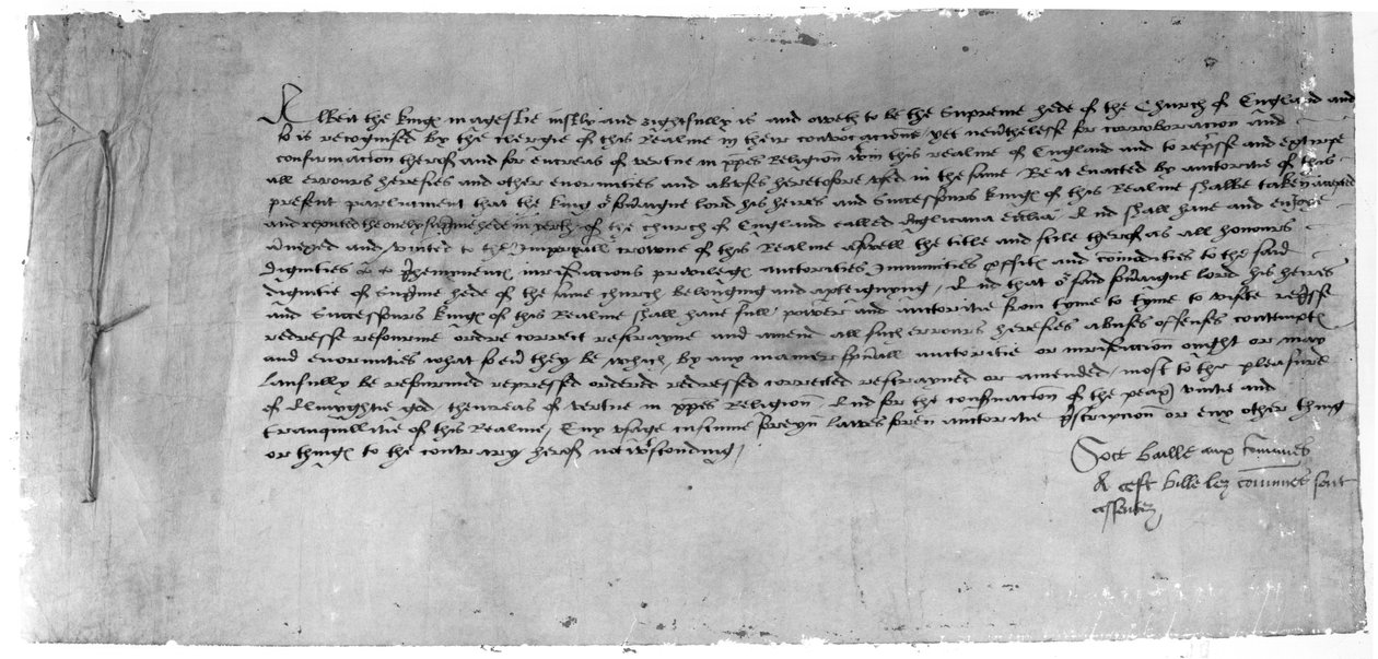 Zákon o nadřazenosti, který uznává Jindřicha VIII. za hlavu anglikánské církve, 1534 (inkoust na papíře) od English School