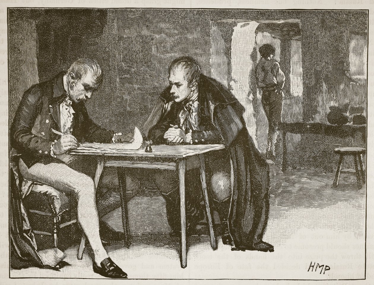 Zástupci Británie a Švédska při podpisu smlouvy proti Napoleonovi, ilustrace z knihy Cassells Illustrated History of England (sépiová fotografie) od English School