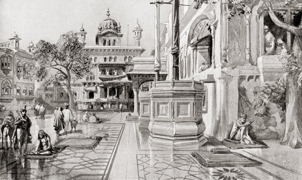 Akal Takht nebo Akal Bunga, komplex Harmandir Sahib (Zlatý chrám), Amritsar, Paňdžáb, Indie v roce 1864, z Hutchinsonovy Historie národů, vyd. 1915. od English School