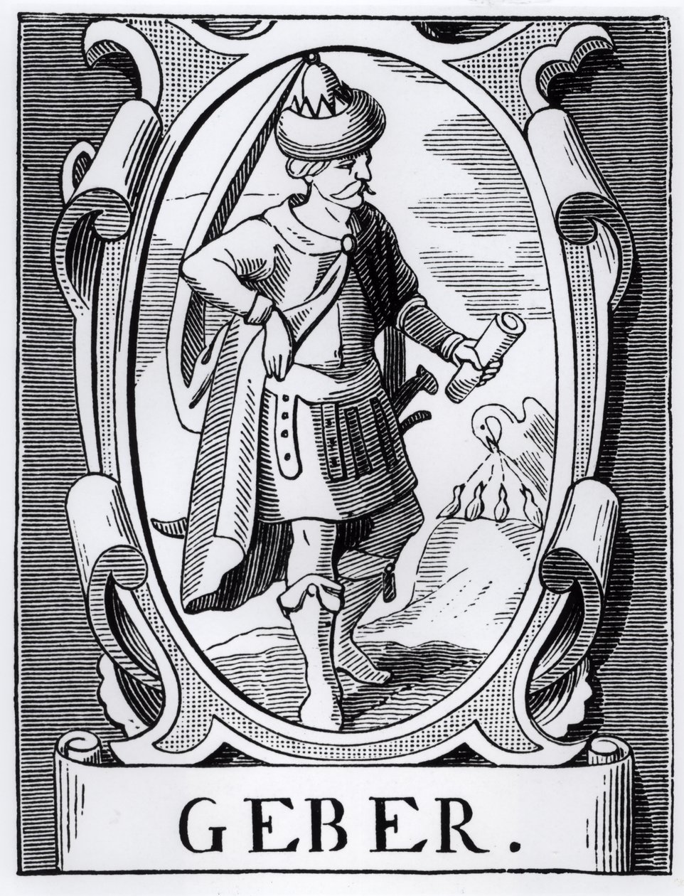Alchymista Geber (14. století) ilustrace z Vědy a literatury ve středověku a renesanci, napsal a vyryl Paul Lacroix, 1878 od English School