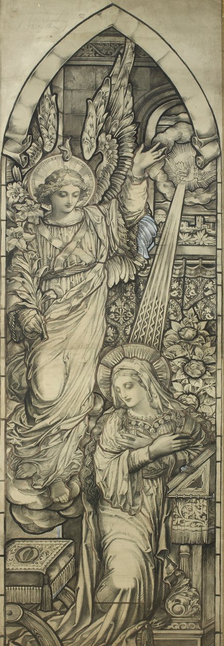 The Annunciation, workshop Heaton, Butler & Bayne, c.1900 (černá pastelka a wc zvýrazněné bílou) od English School