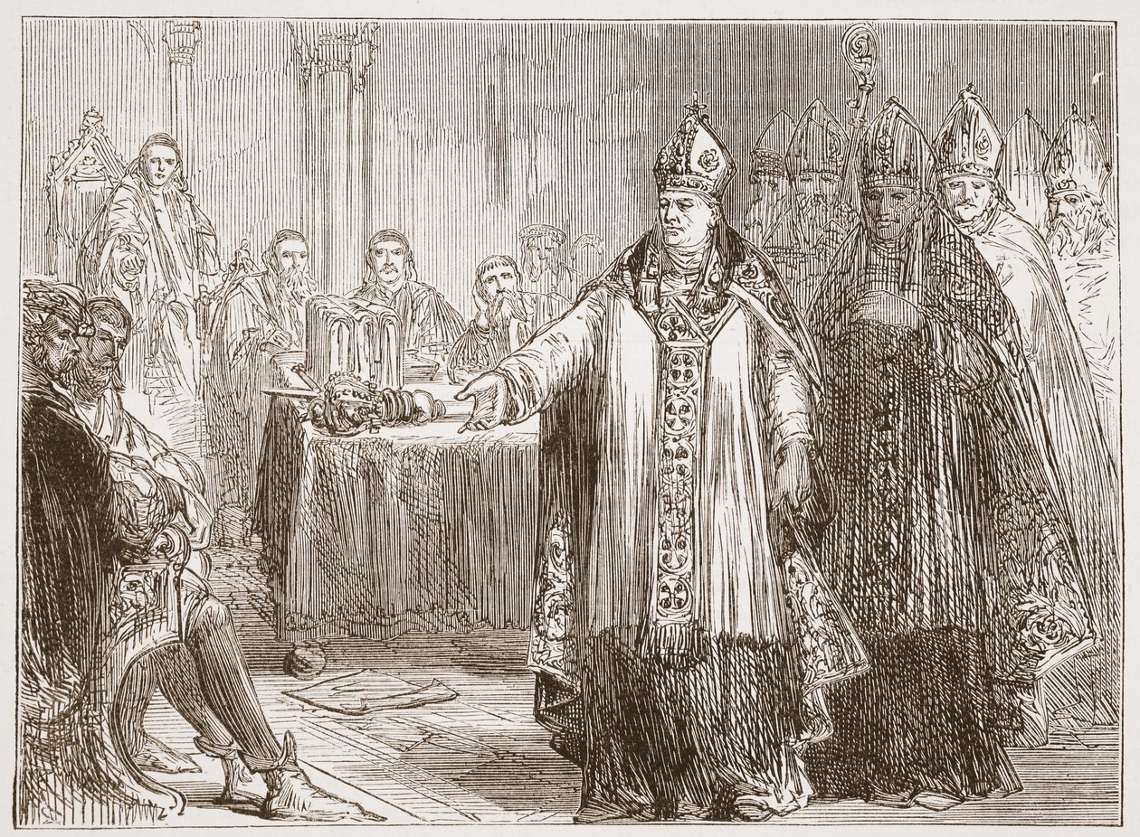 Arcibiskupové z Yorku a Canterbury před parlamentem ve Westminsterském opatství, ilustrace z Historie protestantismu od Jamese Aitkena Wylie (1808-1890), hospoda. 1878 od English School