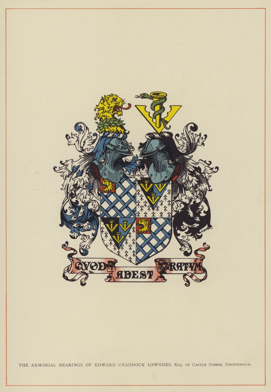 Erbovní znaky Edwarda Chaddocka Lowndese, esquira z Castle Combe v Chippenhamu (barevná litografie) od English School