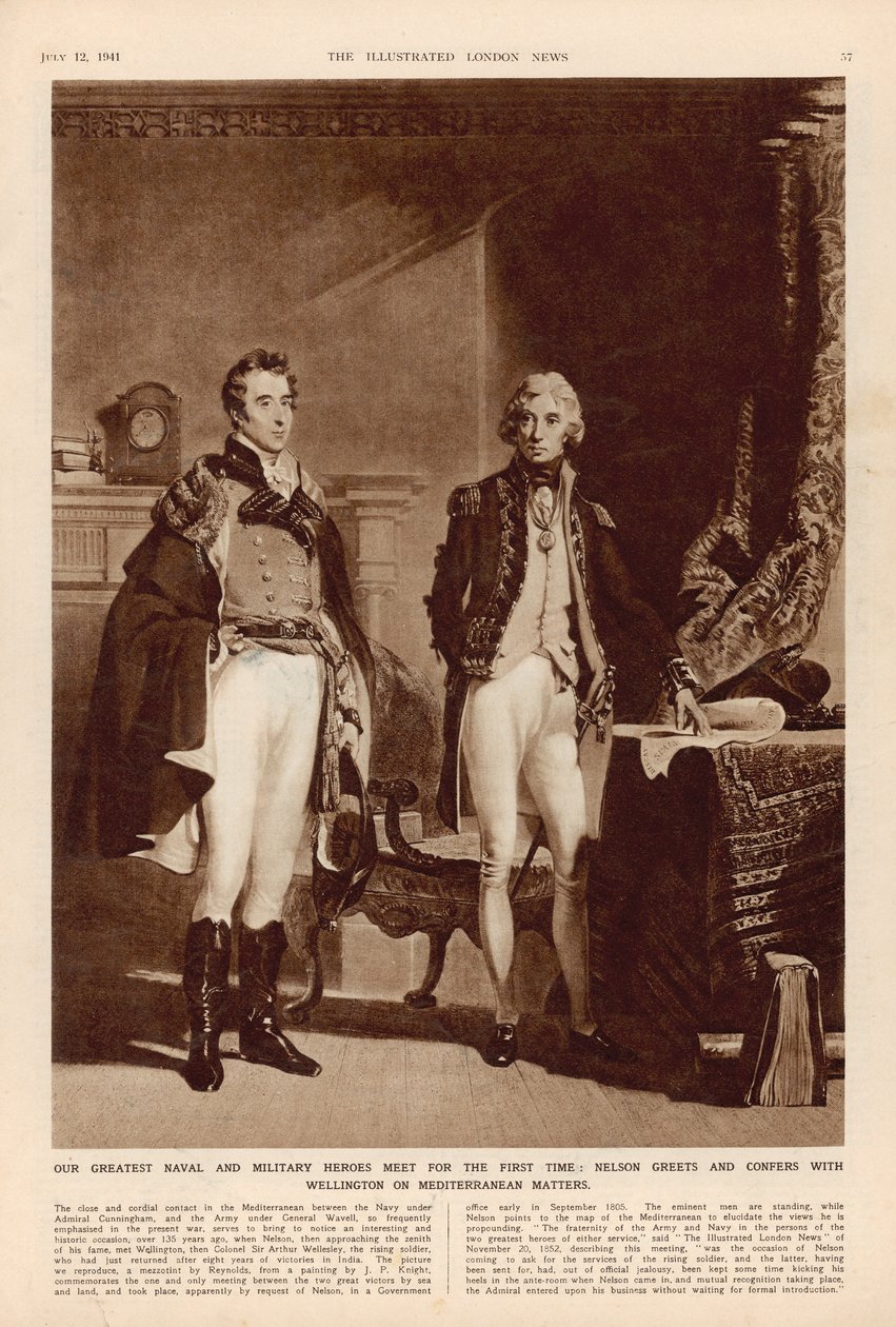 Armáda a námořnictvo: Rozhovor mezi Arthurem Wellesleym (1769-1852) vévodou z Wellingtonu a Lordem Horatiem Nelsonem (1758-1805) z The London Illustrated News, 12. července 1941 od English School