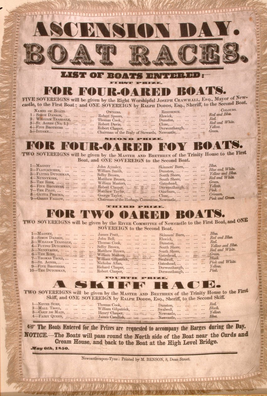 Program závodu lodí na Den Nanebevstoupení Páně, 6. května 1850 (hedvábí) od English School