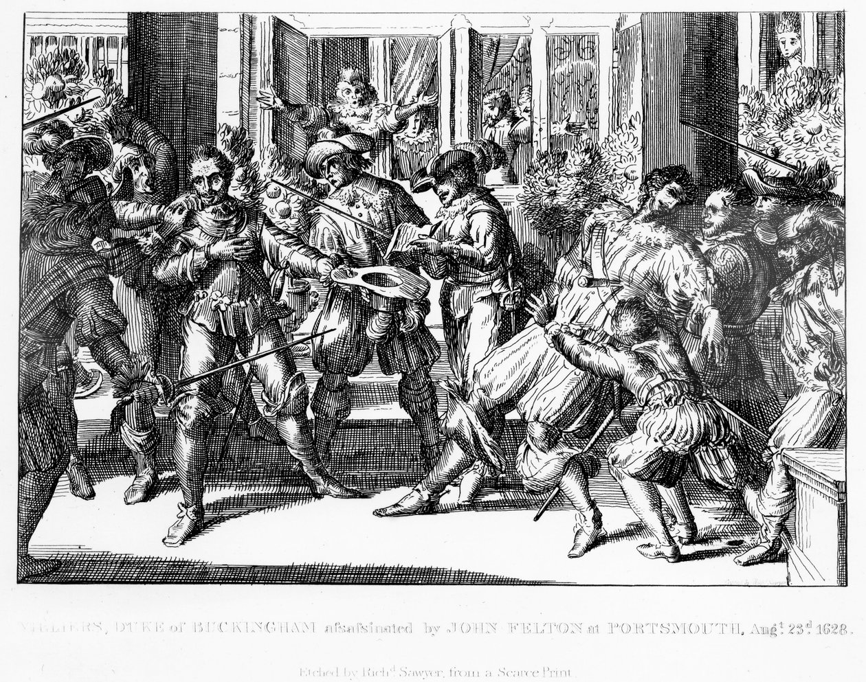 Atentát na George Villierse, 1. vévodu z Buckinghamu, kolem roku 1822 od English School