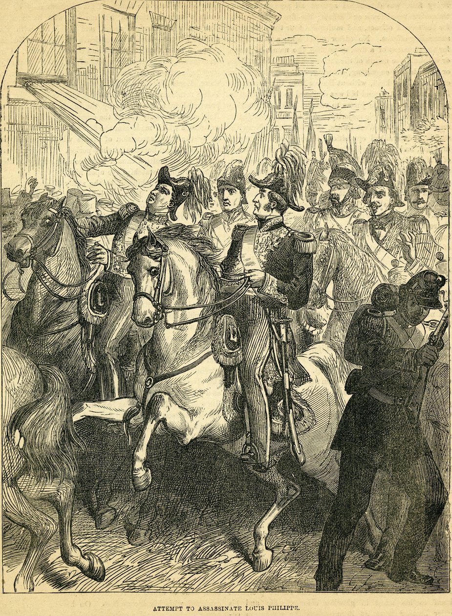 Pokus o atentát na francouzského krále Ludvíka Filipa, ilustrace převzata z Cassells Illustrated History of England, 18571858 od English School