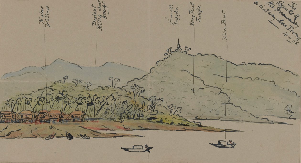 Břehy Irrawaddy, Barma, 1886 (čb s perem a tuší na papíře) od English School
