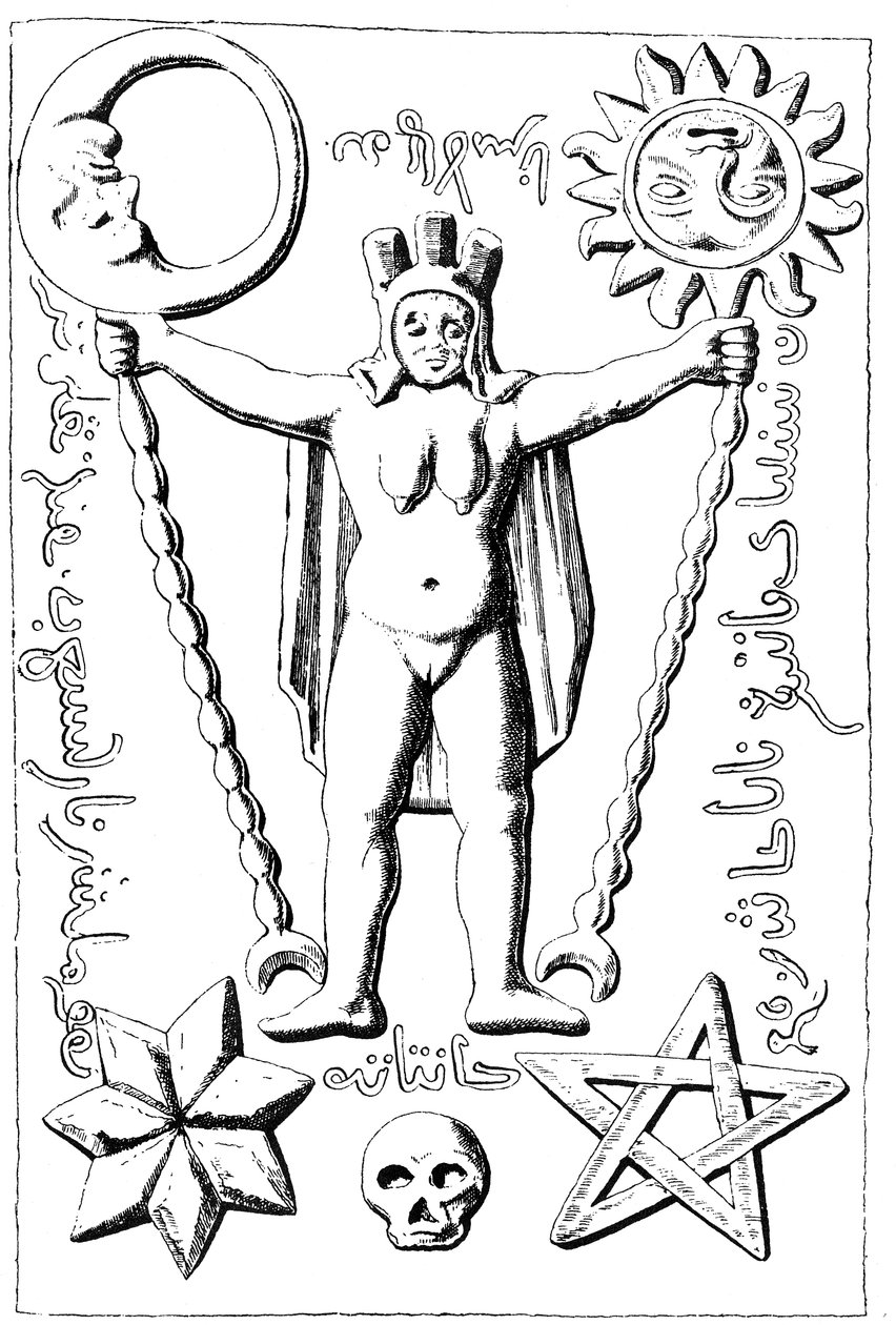 Bafomet templářů, ilustrace kamenné rakve nalezené v Essarois (Burgundsko) od English School
