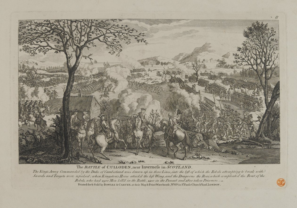 Bitva o Culloden, poblíž Inverness ve Skotsku, publikoval Bowles a Carver, 1746 od English School