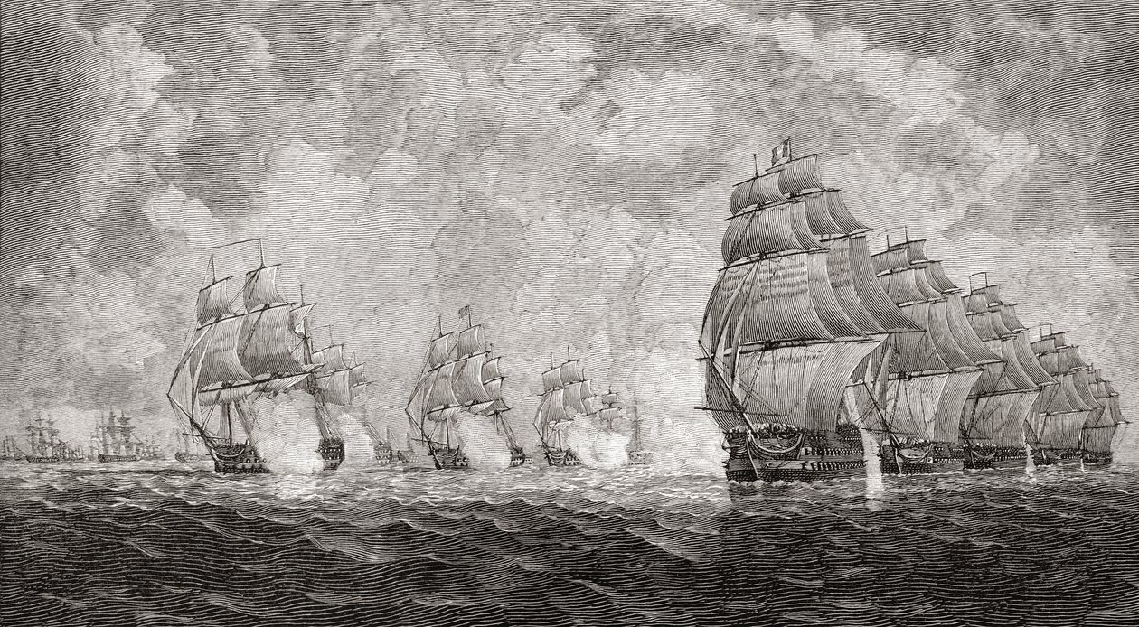 Bitva u Pulo Aura, 1804, z „Krátké historie anglického lidu“ od J. R. Greena, vydáno 1893 od English School