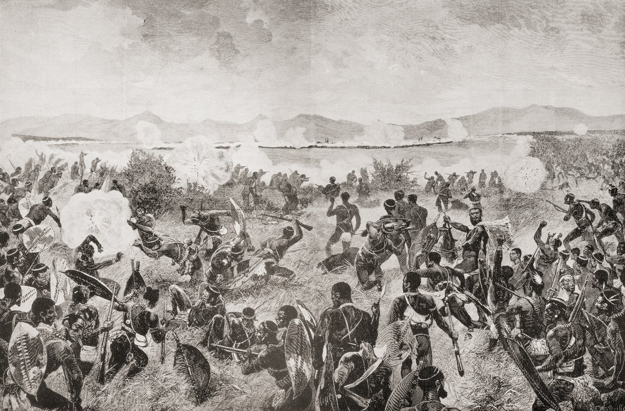 Bitva u Ulundi v roce 1879 ukazující poslední nápor Zuluů a britského náměstí v dálce, z 