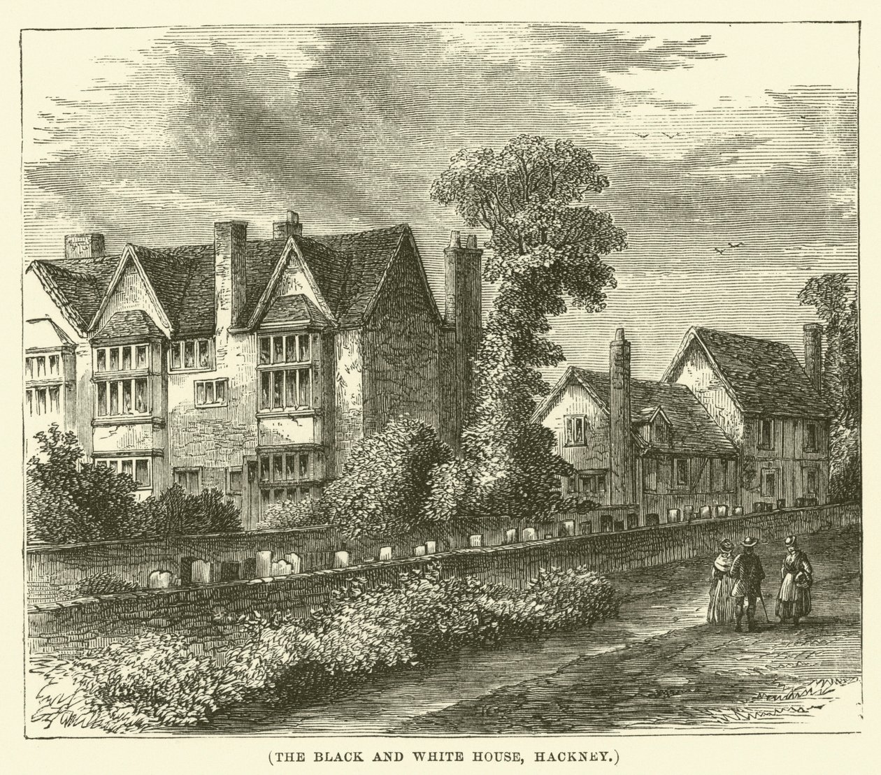 Černobílý dům, Hackney (rytina) od English School