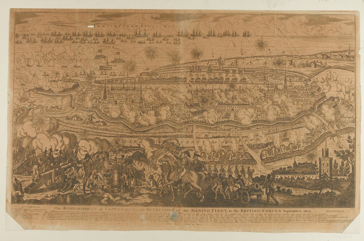 Bombardování Kodaně a kapitulace dánské flotily, září 1807, publikoval John Fairburn v roce 1807 od English School