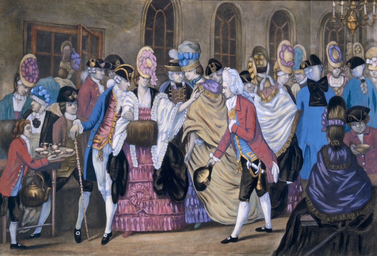 Hospoda The Bread and Butter Manufactory aneb Humors of Bagnigge Wells. Carington Bowles, 1772 99: Styl makaronů; tradiční kroj; tradiční oděv; móda; konvice; šálky; od English School