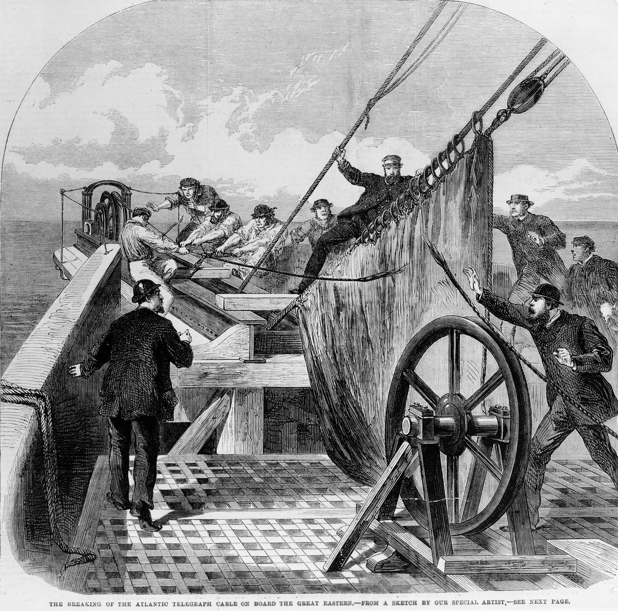 The Breaking of the Atlantic Telegraph Cable on Board the Great Eastern, 1865 (rytina) od English School