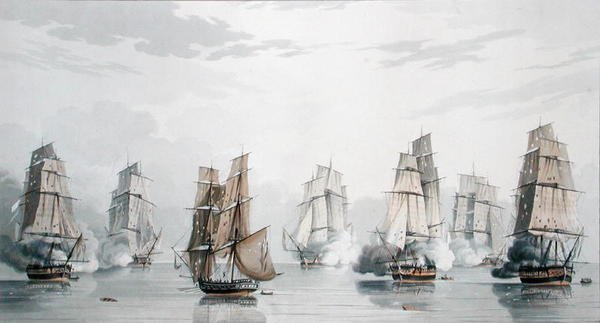 Britská peruť pod velením kapitána Charlese Marshe Schomberga a francouzská peruť pod velením komodora Roqueberta, Becalmed krátce po zahájení akce u Madagaskaru, 20. května 1811 (barevně lito) od English School
