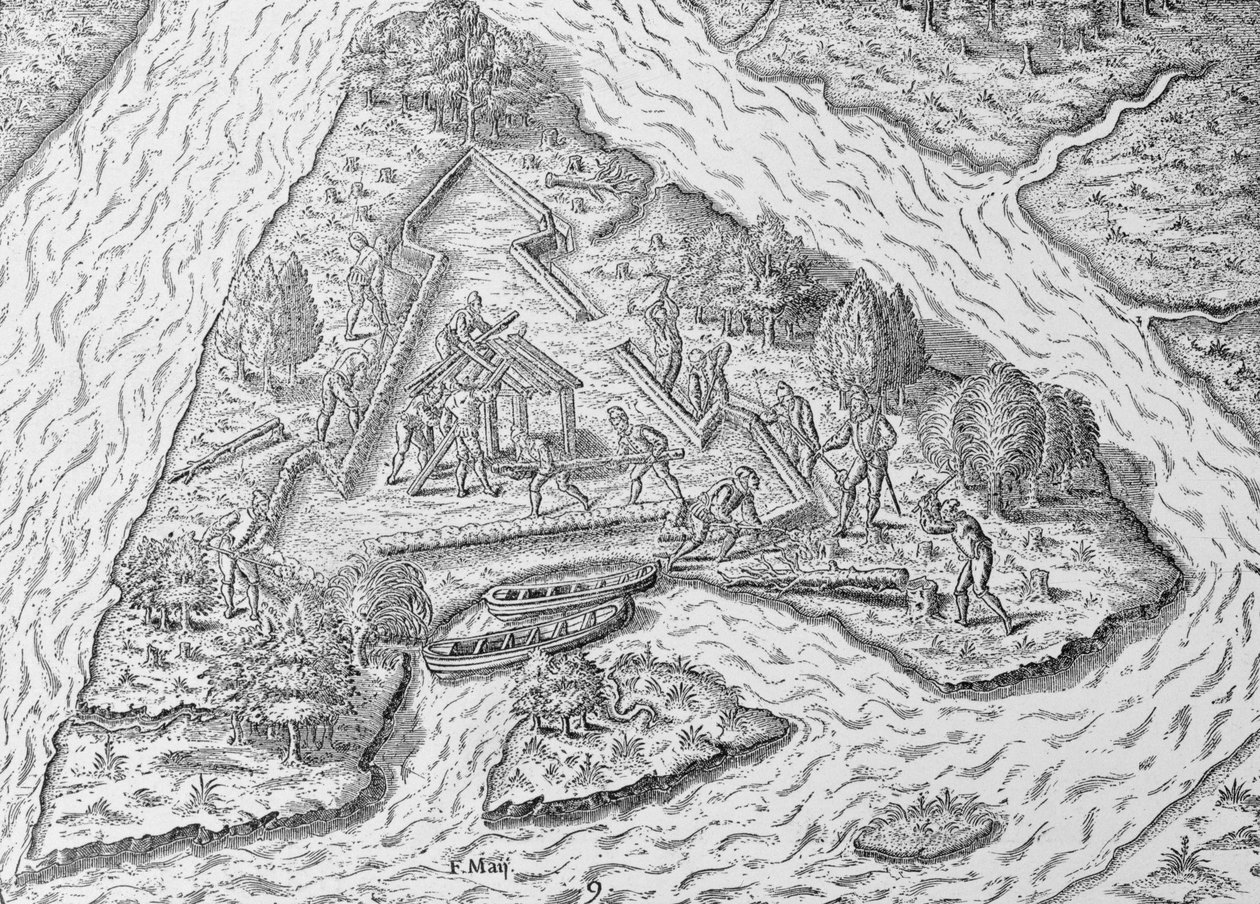 „Budova Fort Caroline“, z „Příběhu a kritické historie Ameriky“, editoval Justin Winsor, Londýn, 1886 od English School