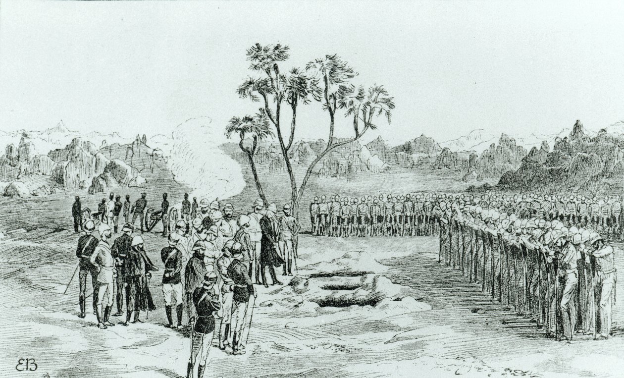 Pohřeb generála Earla a plukovníků Eyrea a Coveneyho v Kirbekanu, z knihy The Campaign of the Cataracts od generála Williama Francise Butlera, vydané v roce 1887. od English School