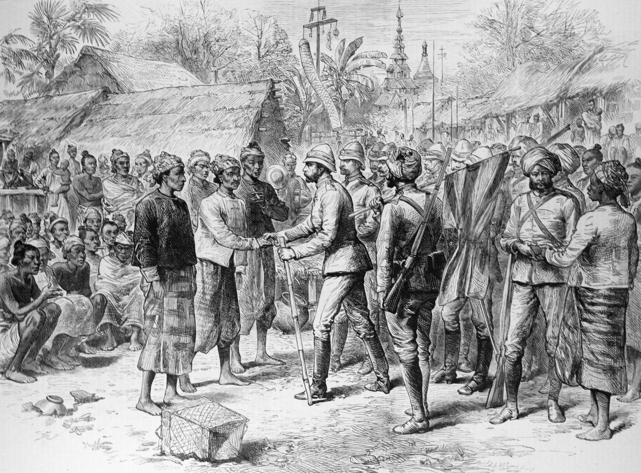 Expedice do Barmy: Rozhovor generála Prendergasta s důstojníky a zbytkem barmské armády, z „The Illustrated London News“, 3. června 1886 (rytina) od English School