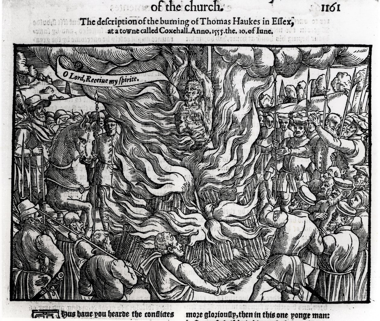 Upálení Thomase Haukese, 10. června 1555, z knihy „Skutky a pomníky“ od Johna Foxe (1516-87) 1563 od English School