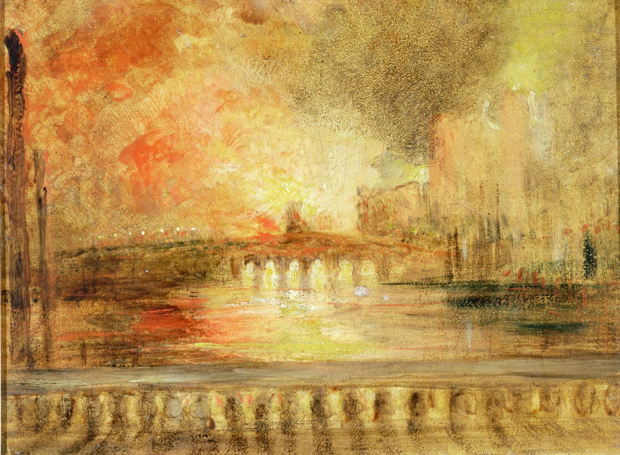 The Burning of the Houses of Parliament, dříve připisovaný J.M.W. Turner (1775–1851) od English School