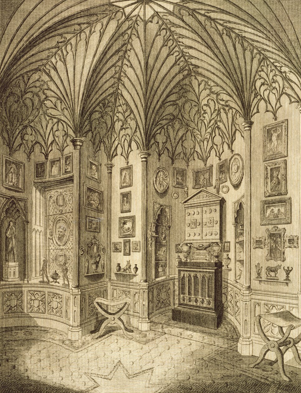 Kabinet, vyrytý T. Morrisem, z Popis Strawberry Hill od Horace Waltona, 1784 od English School