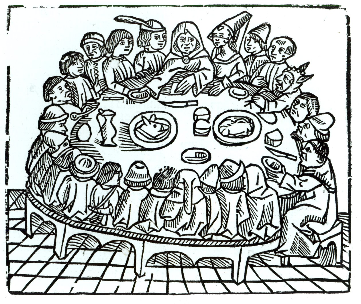 Canterbury Pilgrims sedící u společného jídla, ilustrace z Geoffreyho Chaucera (asi 1345-1400) 