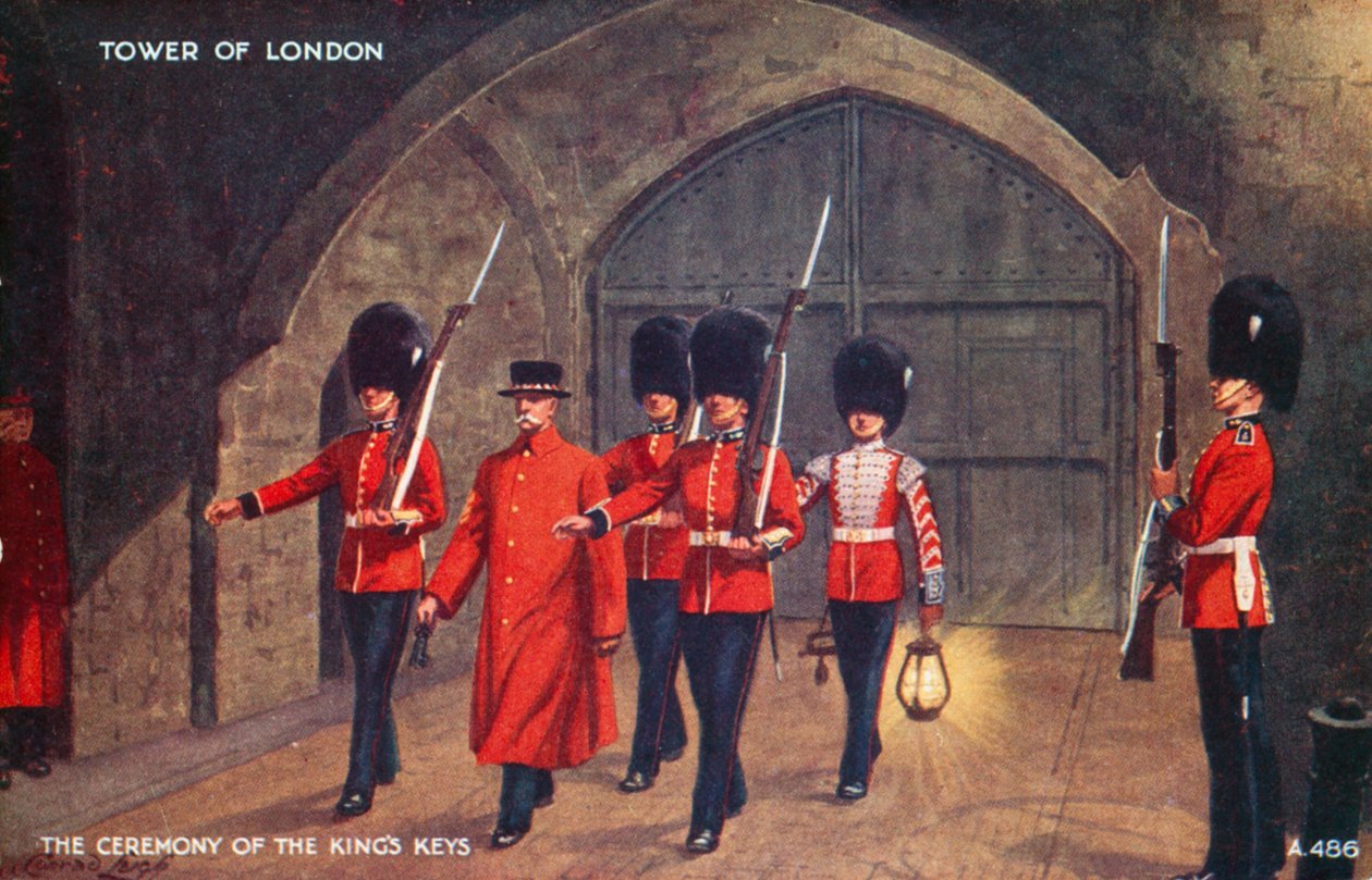 Obřad předávání královských klíčů, Tower of London (barevná litografie) od English School