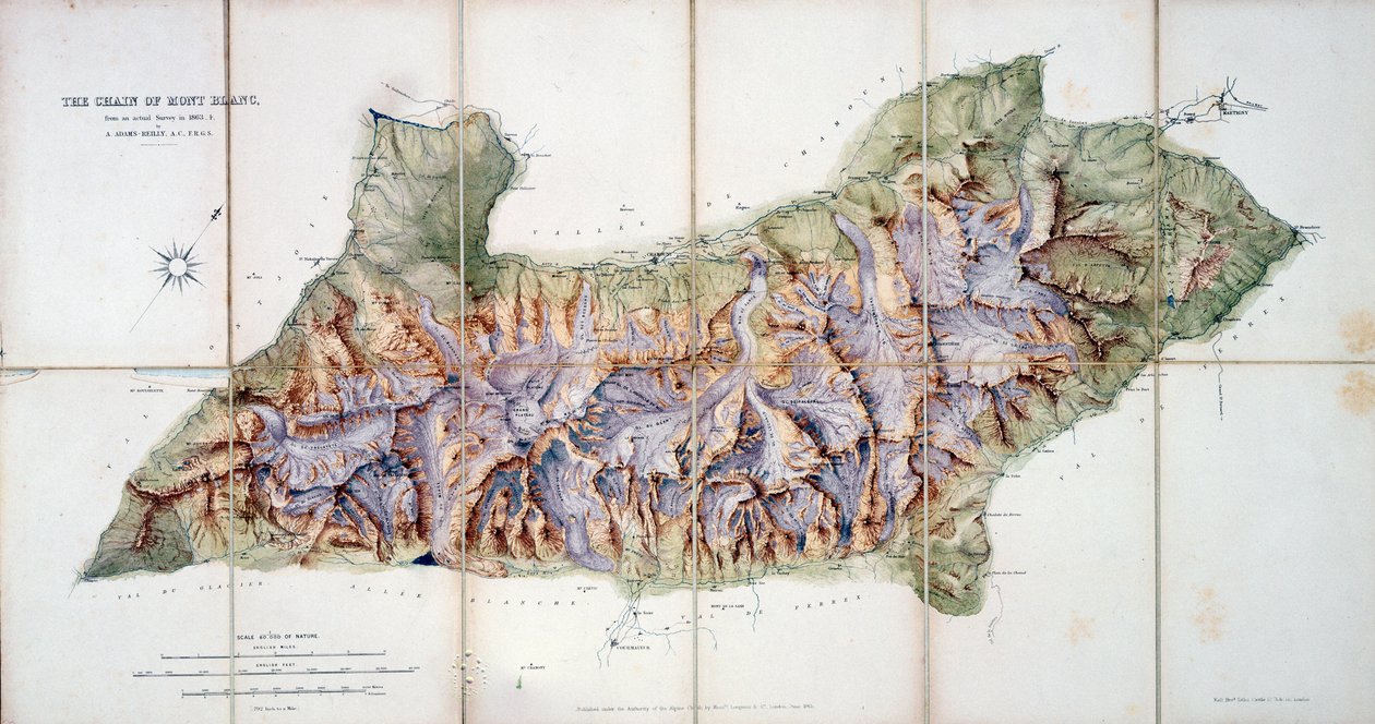 The Chain of Mont Blanc, ze skutečného průzkumu v roce 1863 od A. Adamse Reillyho, publikovaného v A Record of Mountain Adventure and Scientific Observation for the Alpine Club, 1865 od English School