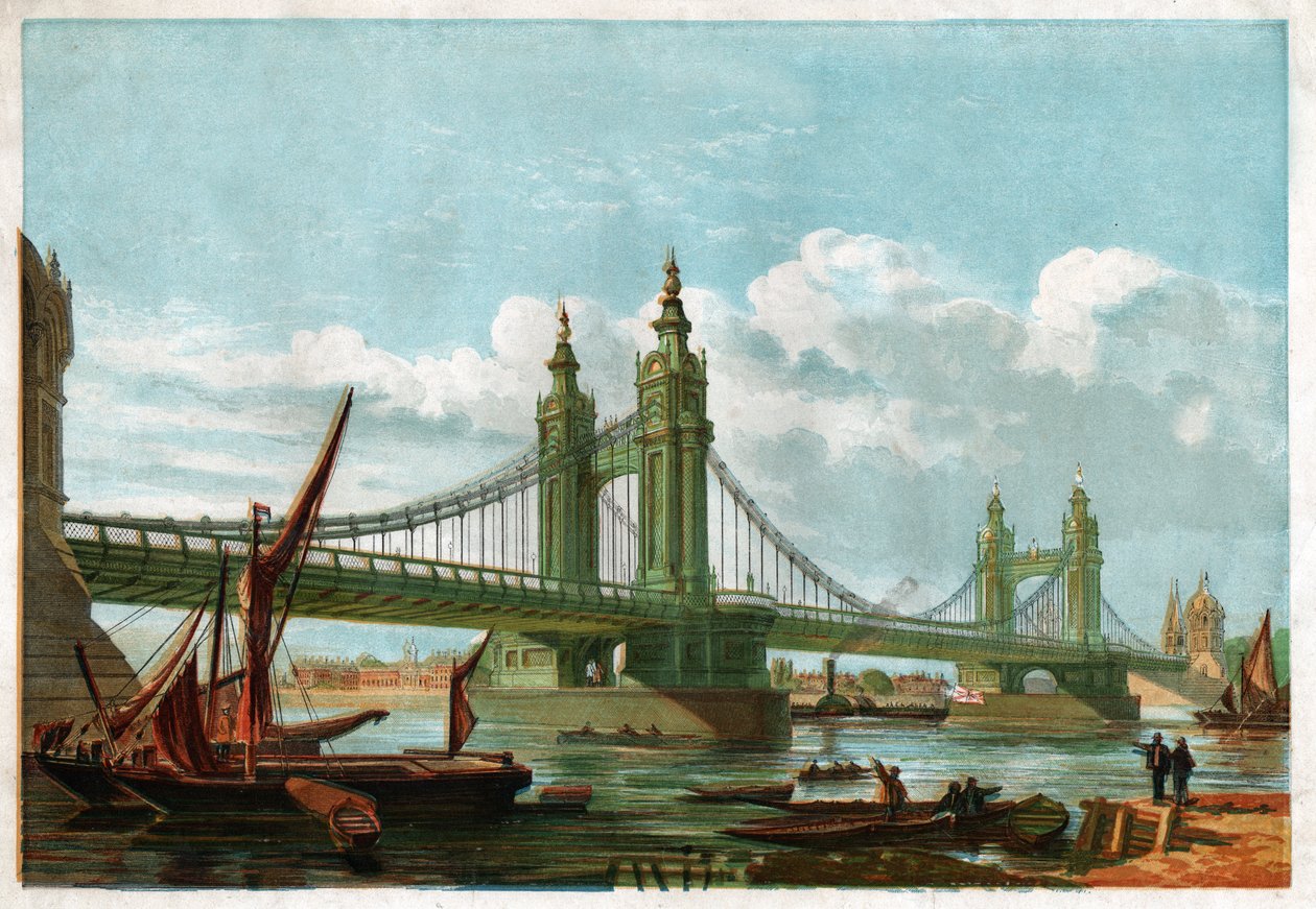 Chelsea Bridge, Londýn. (rytina, asi 1860) od English School