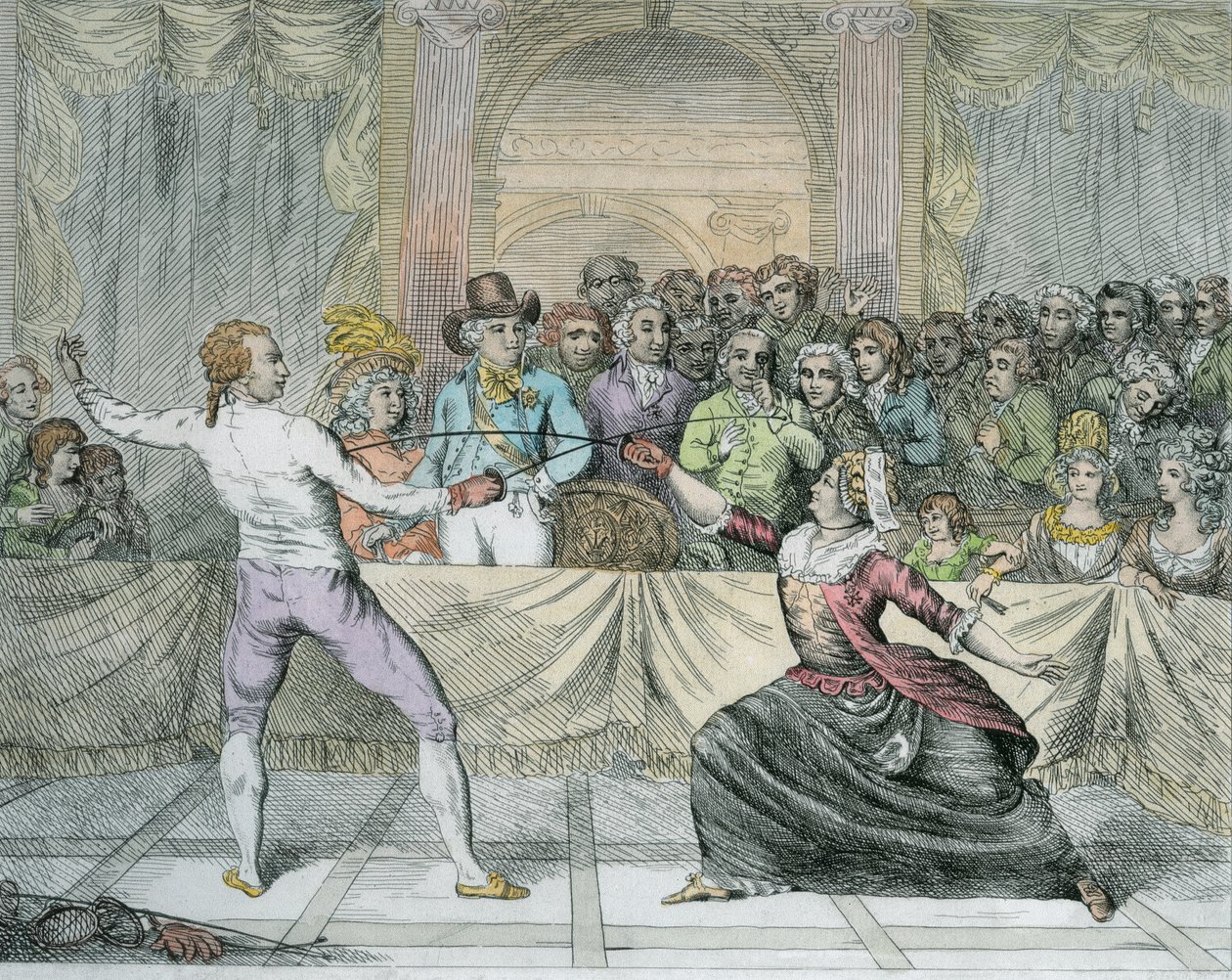 Chevalier dEon v ženském převleku při šermířském zápase (pozdější kolorování) od English School