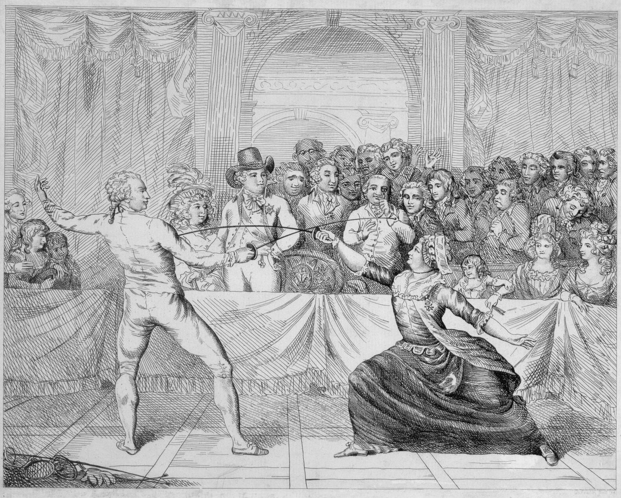 Chevalier dEon, oblečený jako žena, v šermířském zápase od English School