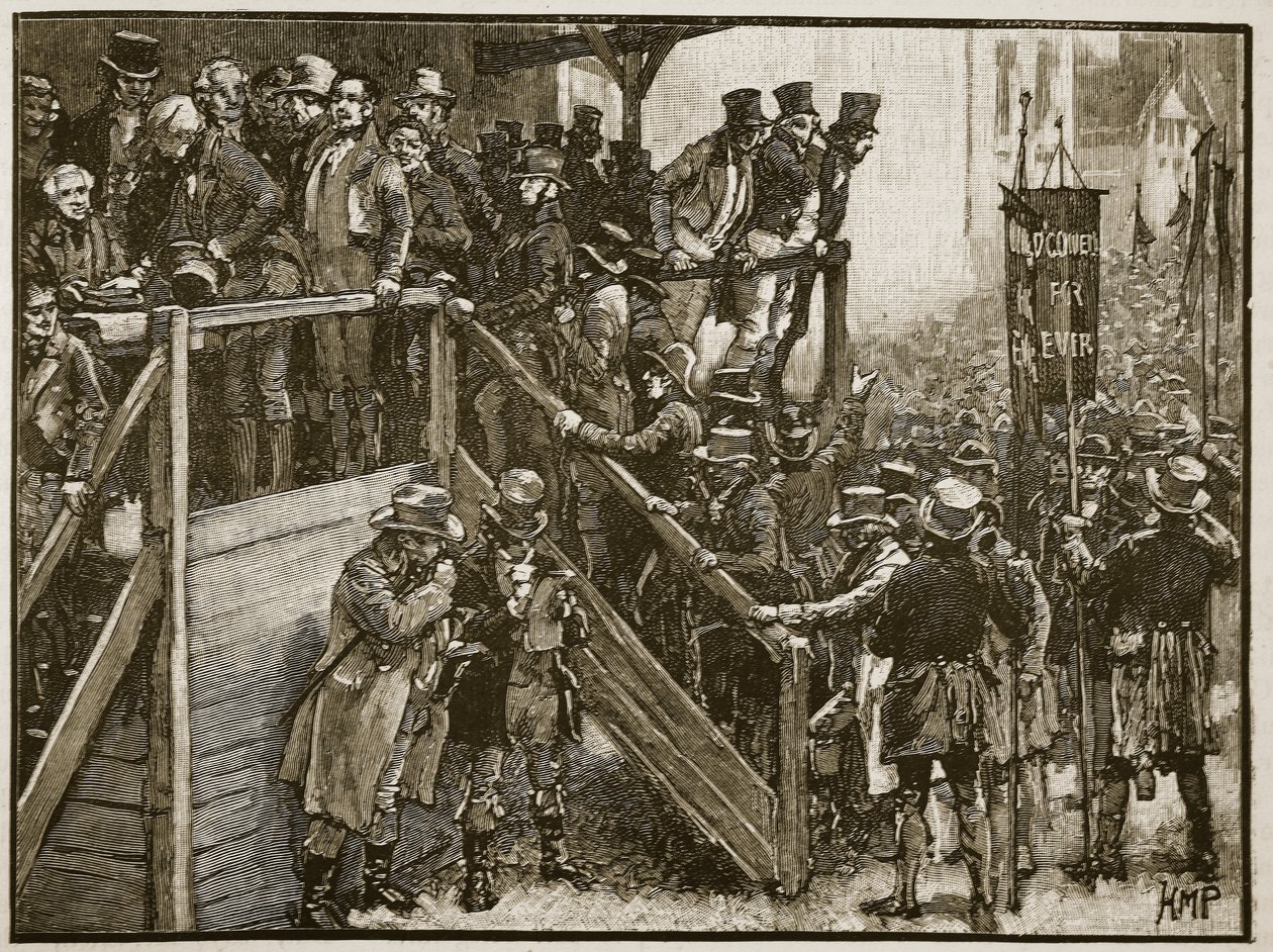 Soutěž Clare: Otec Murphy vede své nájemníky k volbám, ilustrace z Cassells Illustrated History of England (sépiová fotografie). od English School