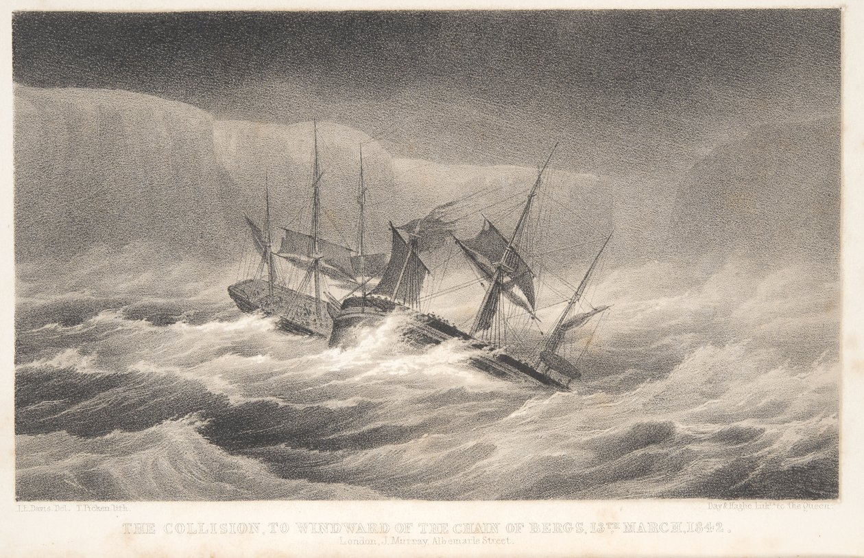 The Collision, from Voyage of Discovery and Research in th Southern and Antarctic Regions by Captain Sir James Clark Ross, pub. 1847 (rytina) od English School